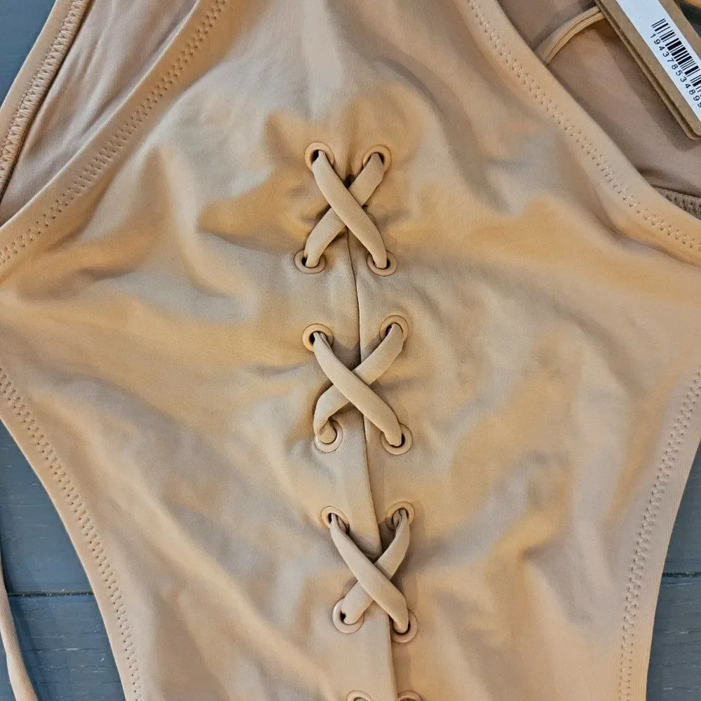 SKIMS Women's Ochre Signature Swim Lace Up Halter Monokini Size Large